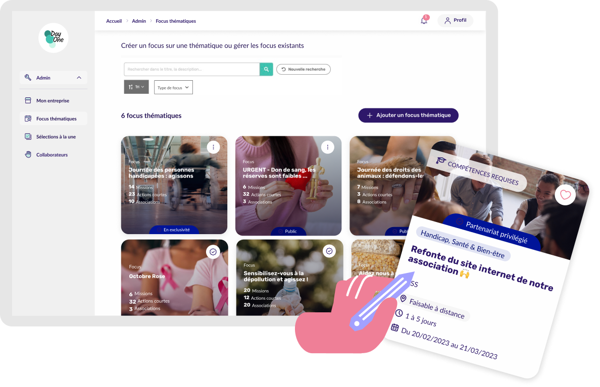 Ecran avec Day One focus thématiques et personnalisation selon les pilliers RSE du client